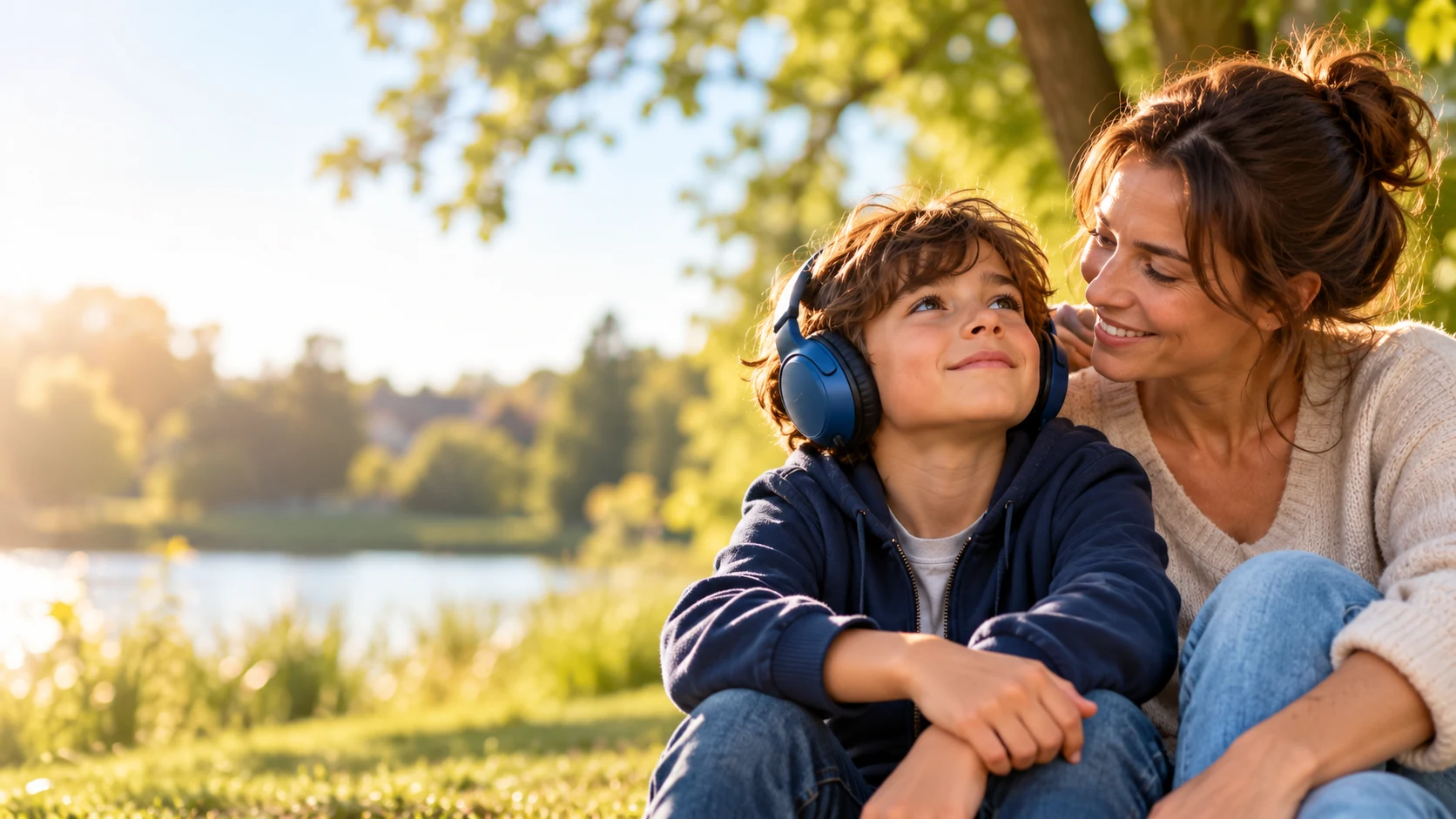 Un enfant portant un casque antibruit avec une adulte, dans un moment serein